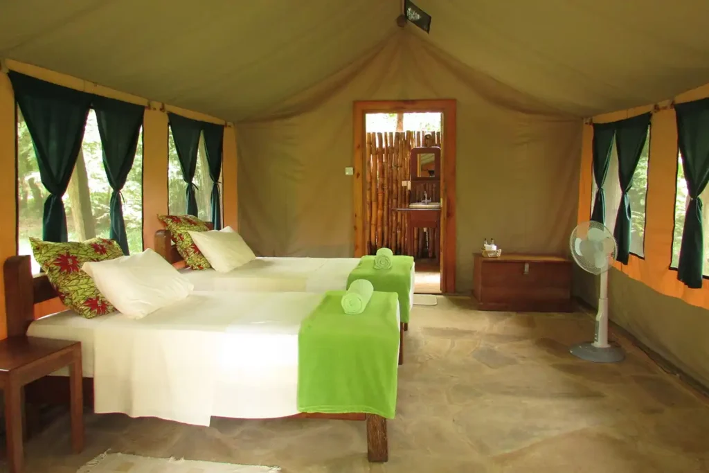 Udzungwa Mountains Accommodation - A serene view of Udzungwa Forest Tented Camp surrounded by lush greenery in Udzungwa Mountains National Park.