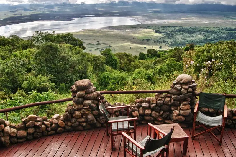 A breathtaking view from the balcony of Ngorongoro Serena Safari Lodge, showcasing the stunning landscape of the Ngorongoro Crater Conservation Area.