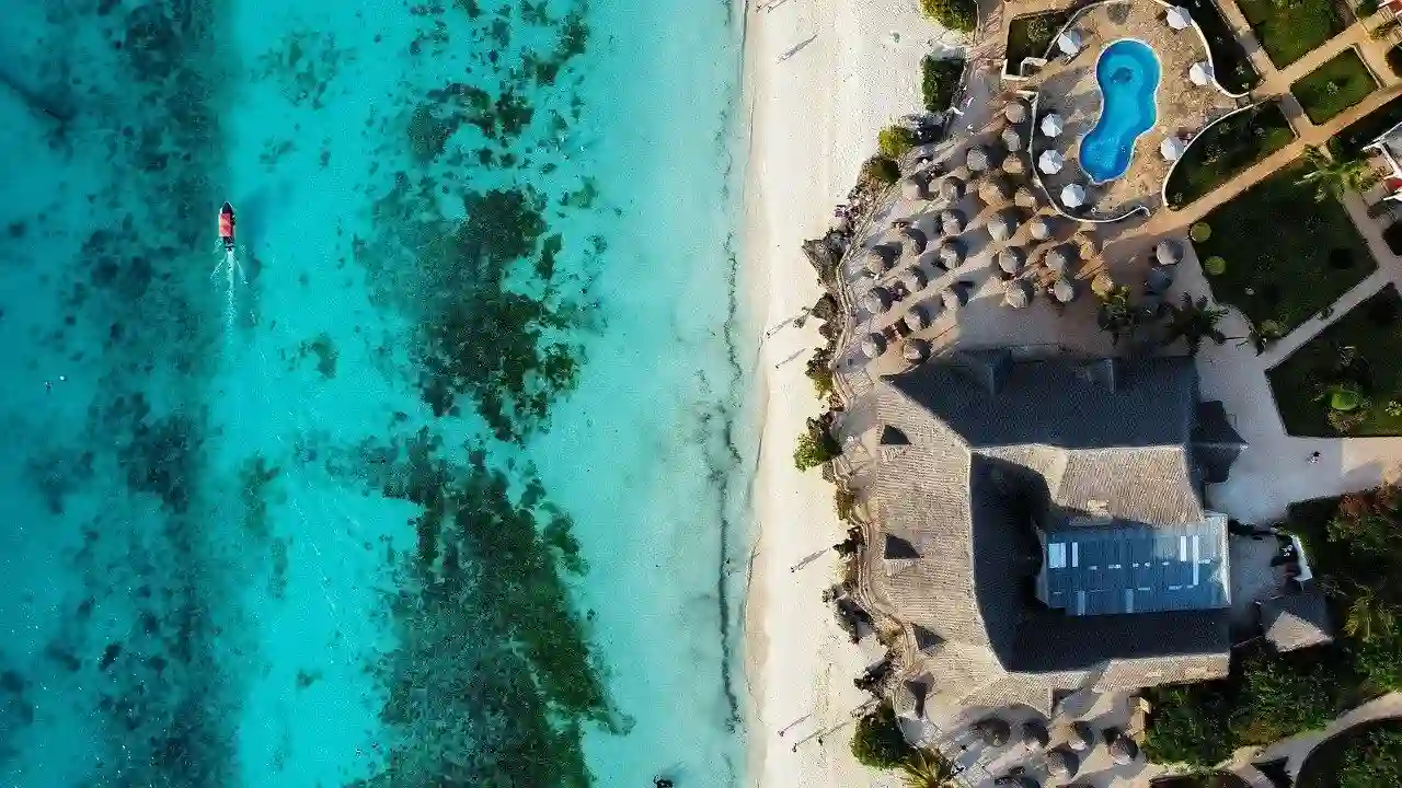 A captivating aerial view of Zanzibar's luxurious accommodation, perfect for indulging in beach safaris and serene escapes.