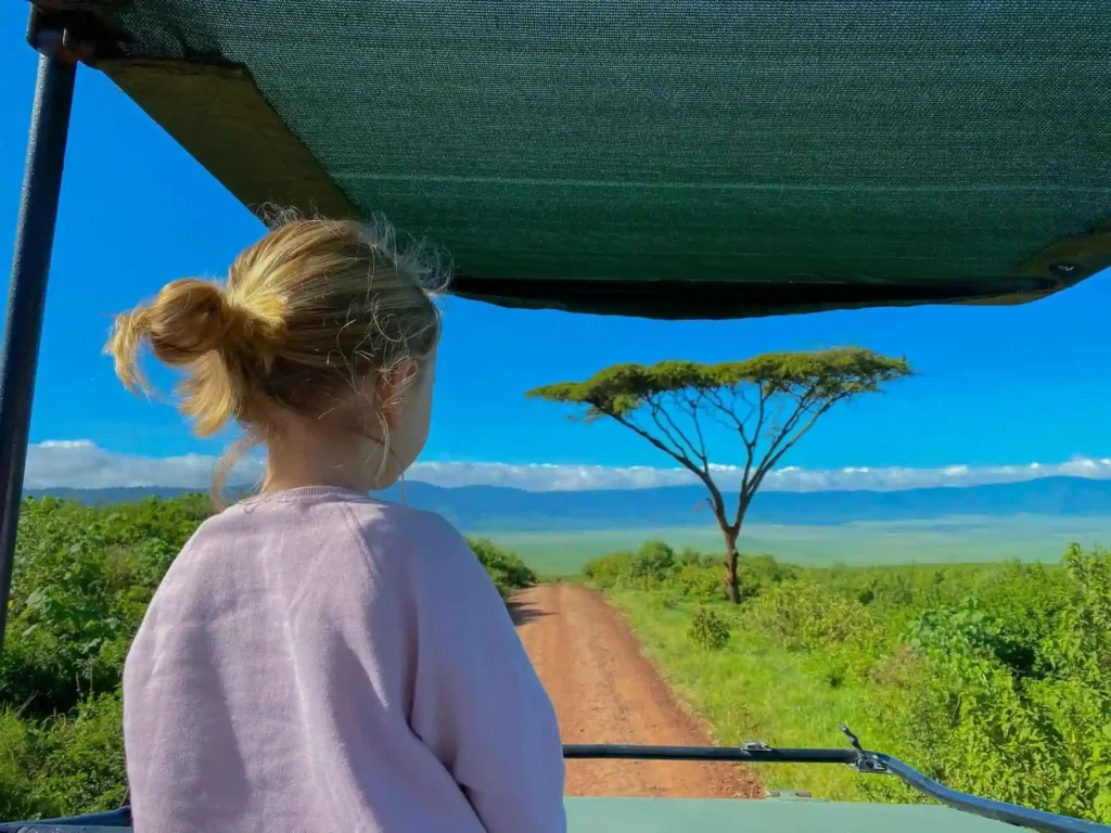 Family-friendly safari in Tanzania – A happy family enjoying a guided wildlife tour in Serengeti National Park with breathtaking views of elephants and zebras.