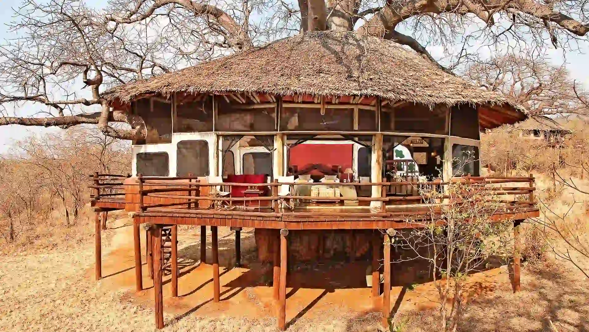 A luxurious treehouse suite at Elewana Tarangire Treetops, nestled among ancient baobab trees in Tarangire National Park, Tanzania.