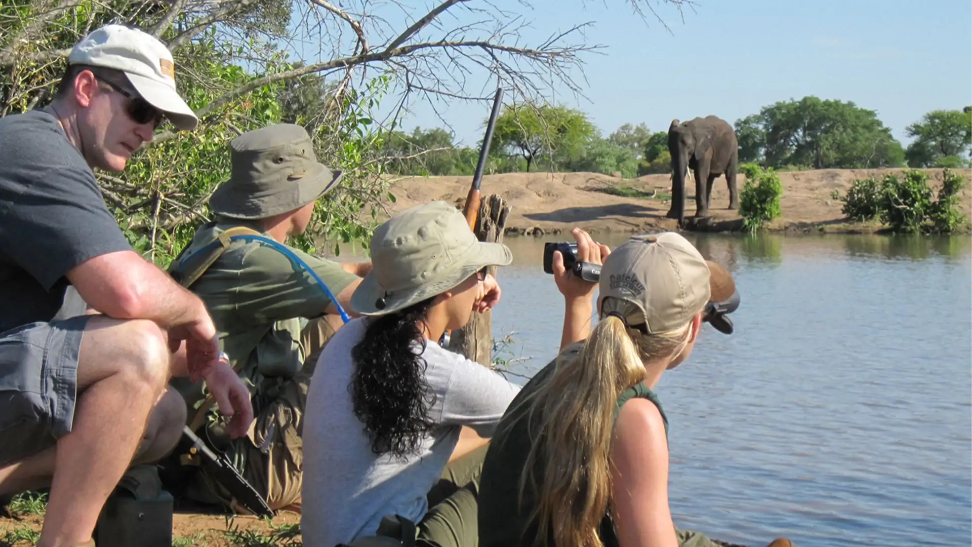 Elephants walking near a river during a 5 Days Selous and Mikumi Safari in southern Tanzania